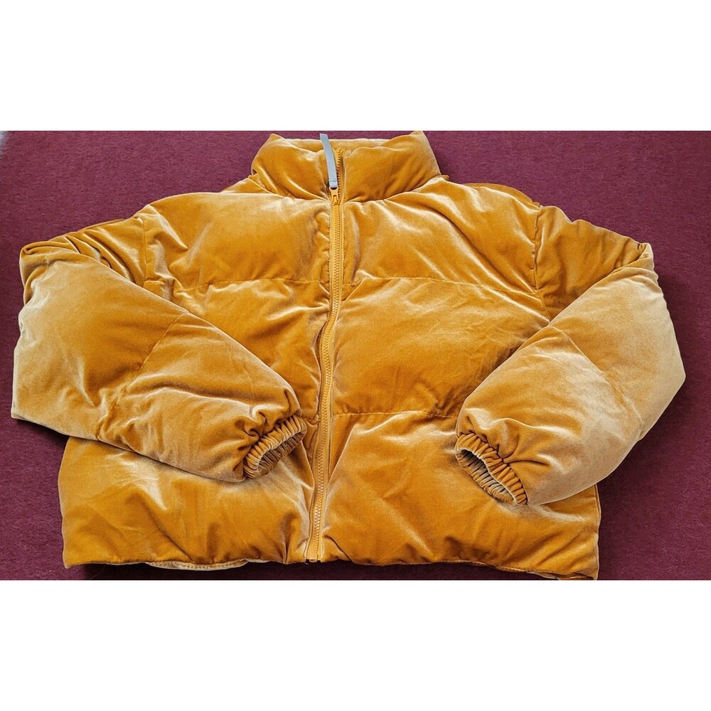 Woman's Fabletics Wander Velour Cropped Puffer Jacket Size Medium Golden Yellow